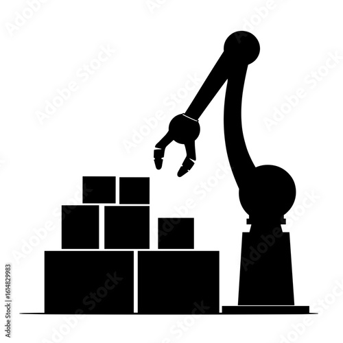 Robot arm sorting packages, automated logistics efficiency, black and white