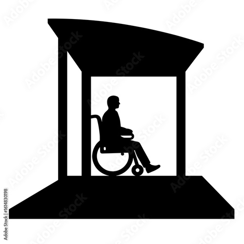 Silhouette of wheelchair user at bus stop – Transit equality, accessible city