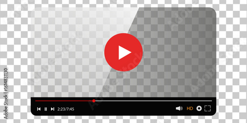 video interface, realistic media player with red play button and transparent controls for streaming content, playback design and web presentation mockup

