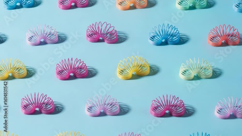 A colorful collection of slinky toys arranged in a repeating pattern on a blue background