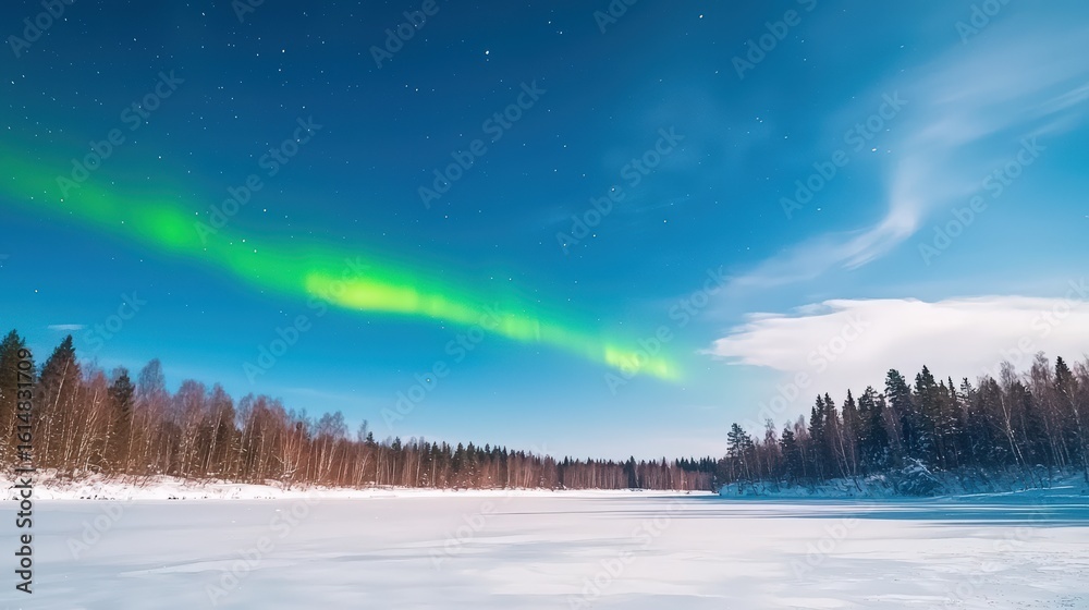 Fototapeta premium A serene landscape of northern lights over a snowy forest, with a clear foreground for text placement,