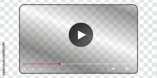 video overlay, realistic transparent video player interface with metallic shine and control bar for streaming UI mockup, media playback and content design

