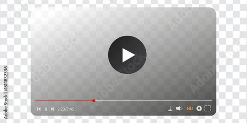 media player, realistic video player UI with play button, progress bar and control icons for streaming overlay, content playback or web interface design

