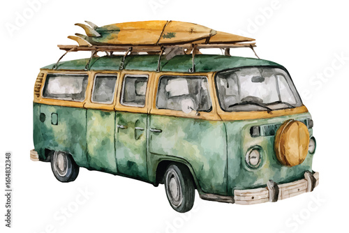Vintage green watercolor surf van with yellow surfboards on roof rack retro