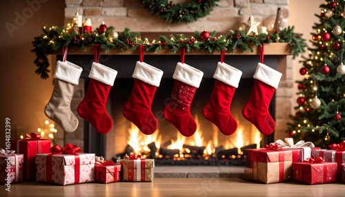 Festive fireplace scene with stockings and gifts