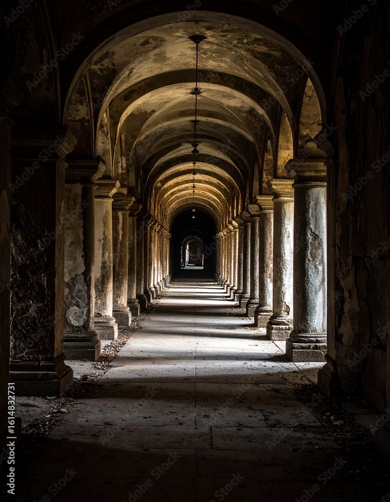 Obraz premium Long Dark Hallway in Abandoned Building with Weathered Stone Columns