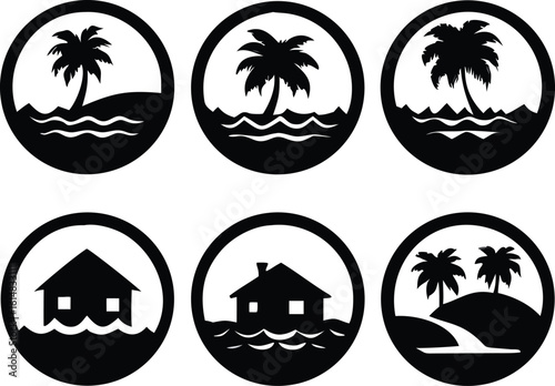 Set of six circular icons depicting tropical scenes and flooded houses