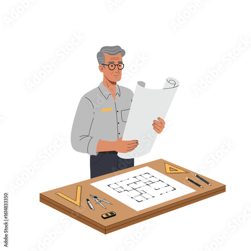 A senior architect reviews blueprints at his desk, surrounded by architectural tools and design elements, showcasing expertise and precision in his work.