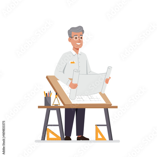 An experienced architect stands at his drafting table, reviewing blueprints with a focused expression, showcasing expertise in design and construction projects.