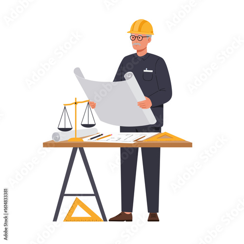 An experienced architect in a hard hat reviews blueprints at a desk with drafting tools and a scale, symbolizing planning and design.