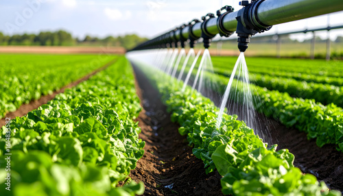 Macro photo of a smart irrigation drip system watering green crops on organic farmland. Represents sustainable, modern, and precise agricultural methods.
