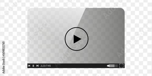 video player, realistic transparent media player window with play button and control bar for streaming interface, web design or multimedia UI mockup

