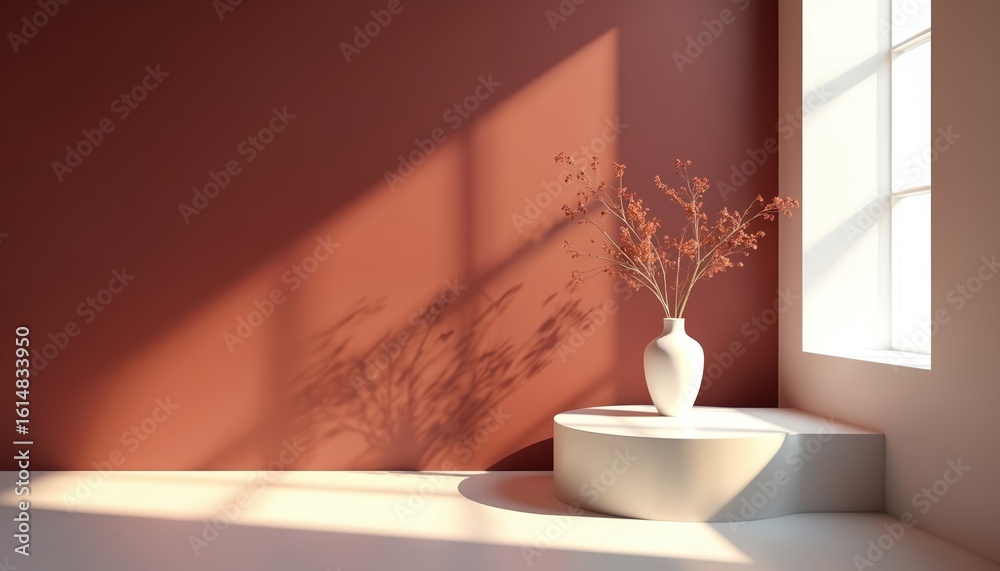 Minimalist 3D studio with deep burgundy backdrop, empty floor, wall. Product podium display features vase with branches under warm afternoon sunlight, casting shadows. Modern interior design, elegant Minimalist 3D studio with deep burgundy backdrop, empty floor, wall. Product podium display features vase with branches under warm afternoon sunlight, casting shadows. Modern interior design, elegant