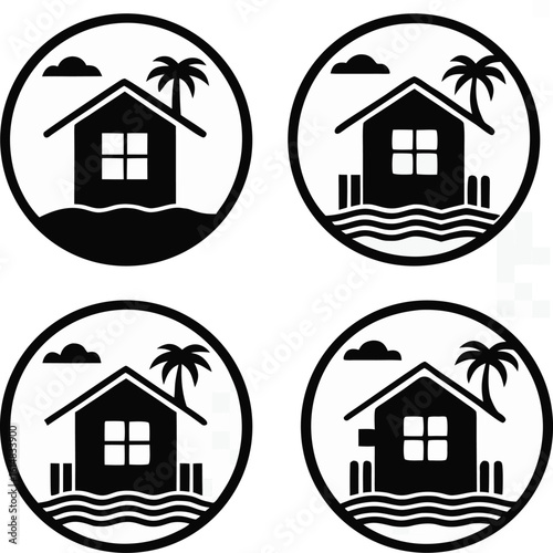 Four Circular Icons Of Tropical Houses On Stilts bungalow