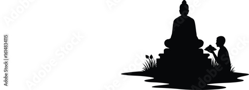 Silhouette of a woman dancing with an artistic grunge shadow resembling a Buddha statue in a temple