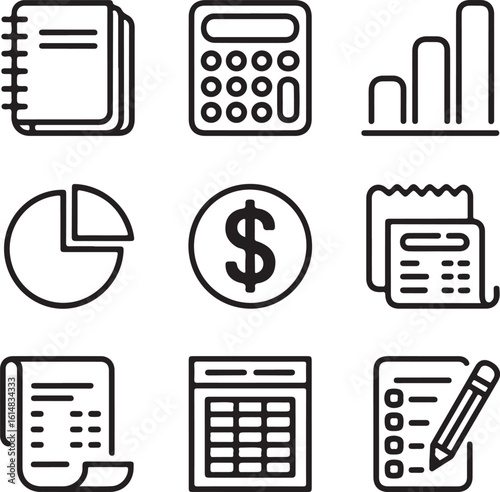 Editable Budgeting and Bookkeeping Line Icons Ledger, Calculator, Expense Report, and Financial Tracking Vector Set
