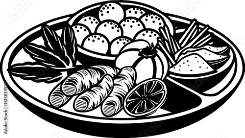 Monochrome illustration of a platter with various food items including lemon and vegetables in a bowl