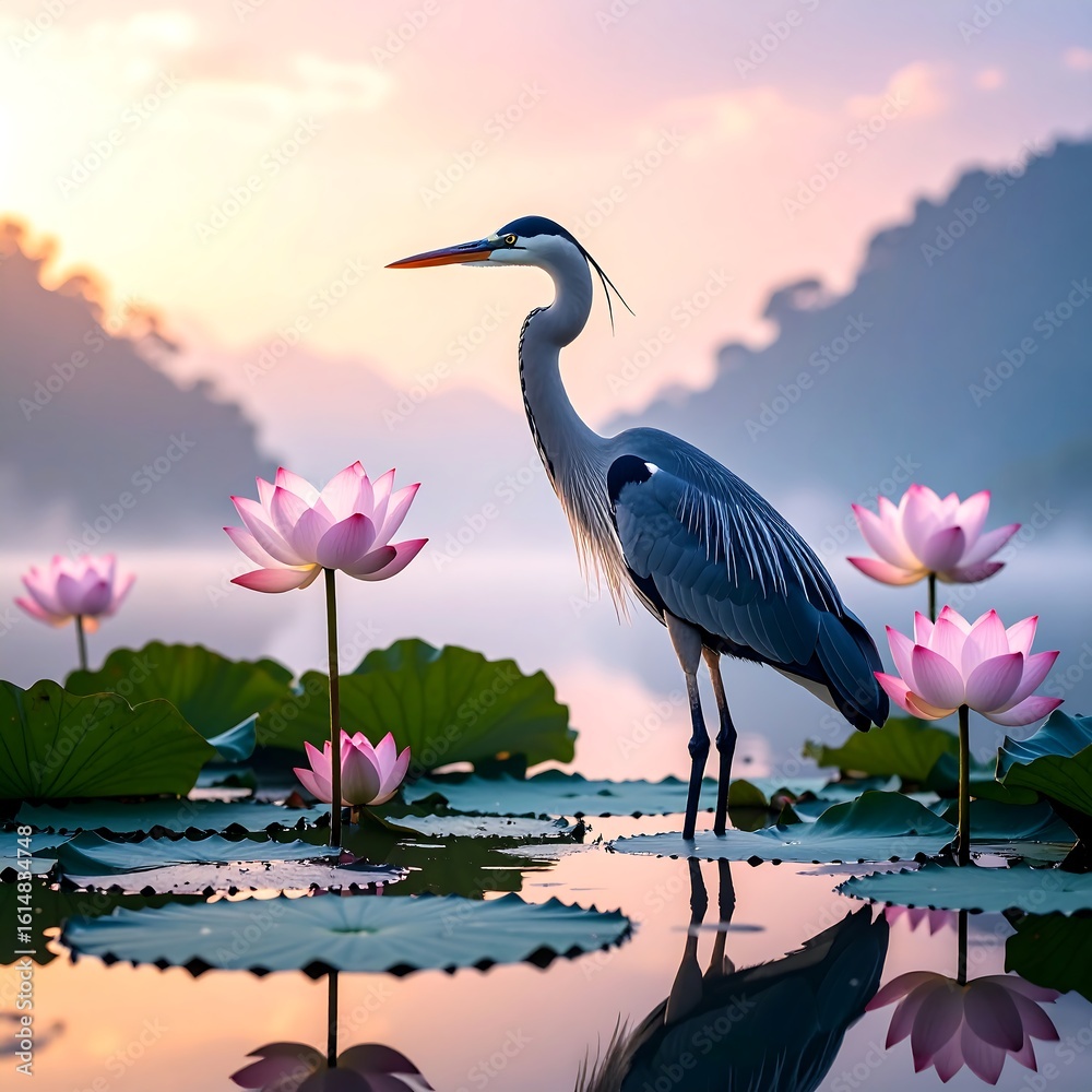 Fototapeta premium Heron on lotus pond at dawn