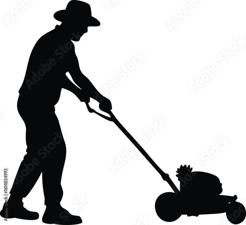 Silhouette of a man mowing the lawn wearing a hat grass
