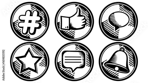 Illustration of social media icons including hashtag like comment star and notification bell in circles