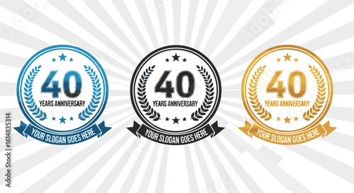 A set of blue, black, and gold "40 Years Anniversary" badges with a laurel wreath design. These elegant seals are perfect for corporate anniversary celebrations, certificates, and marketing materials.