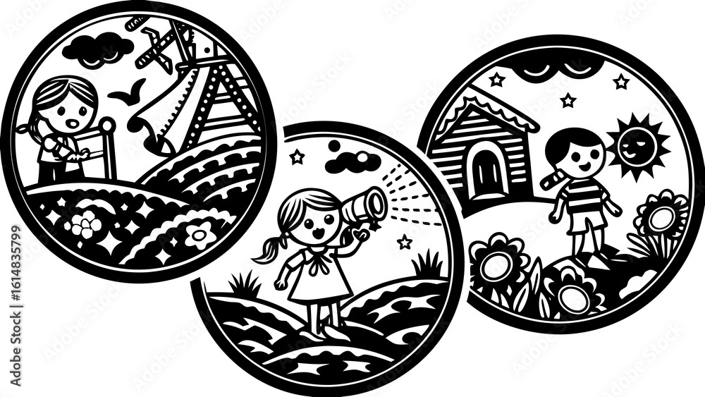Naklejka premium Three circular scenes with children playing, nature, and structures in black and white style