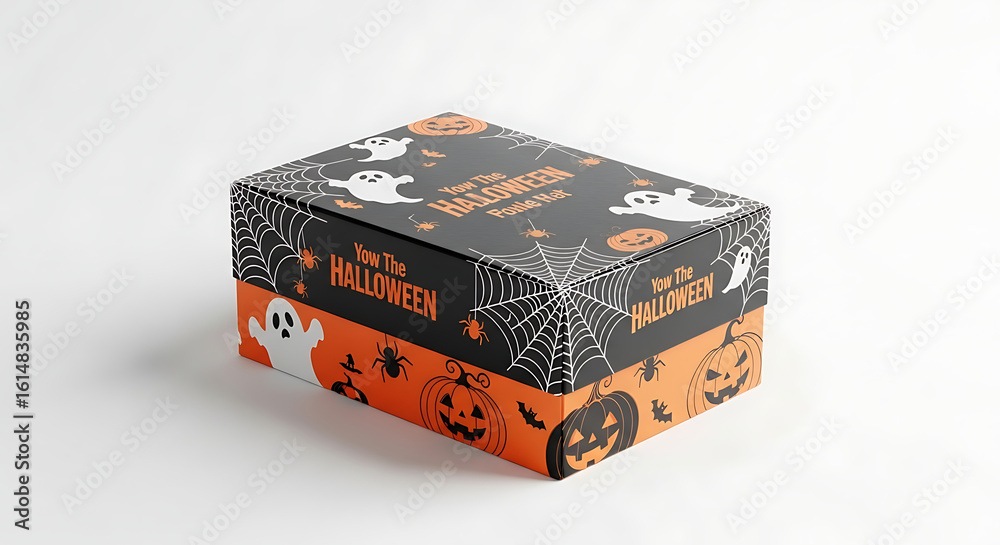 Obraz premium Close up of a halloween themed box with ghosts pumpkins and spiderwebs on a white background ai generated
