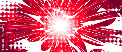 Anime explosion burst with radiant red energy streams flowing outward from bright central core. Dynamic comic halftone style impact of powerful blast effect spreading water waves, manga action scene