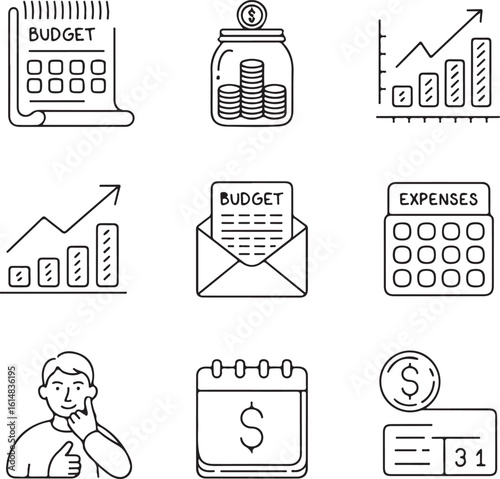 Financial Planning and Cost Management Icons Saving, Forecasting, Accounting, and Budget Review Vector Pack