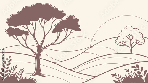 Illustration of a landscape with trees on rolling hills and vegetation in a minimalist style design