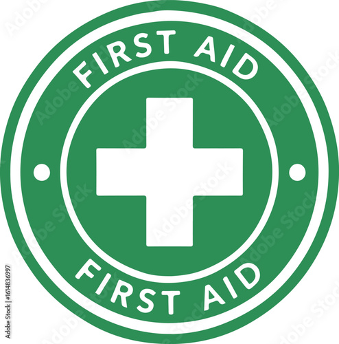  A green "First Aid" circular icon with a white cross. This is a universal symbol perfect for identifying first aid kits, stations, and for use in safety posters and manuals.