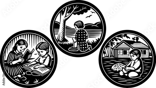 Illustration depicting children engaged in various activities within circular frames in black and white art