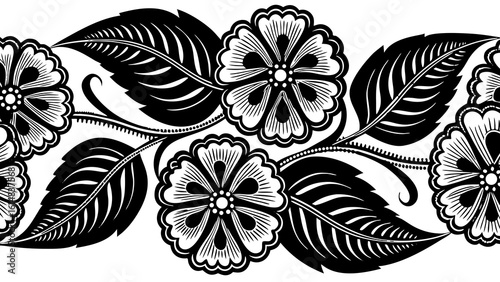 Floral design with blossoms and leaves in a seamless horizontal pattern in black and white color scheme