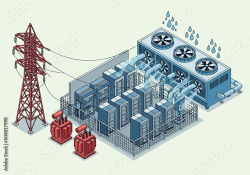 Data center cooling system connected to power grid and transformers ventilation fans