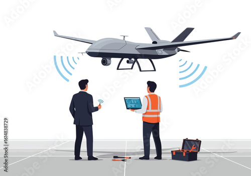 Men operating a drone with a laptop and remote control people business