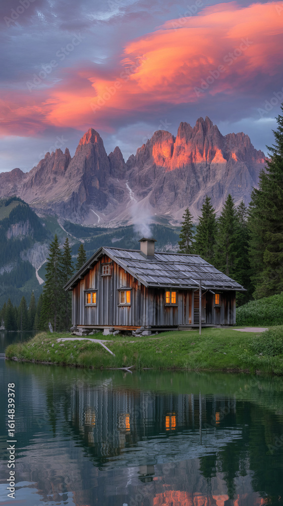 Naklejka premium Cozy mountain cabin nestled beside a serene lake at sunset