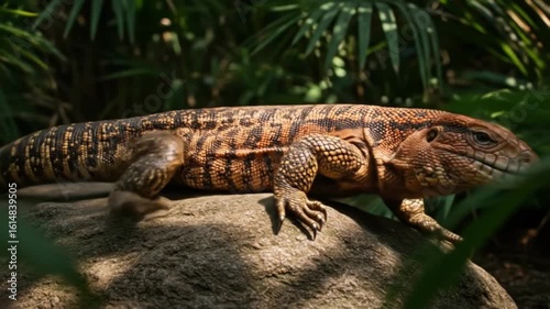 Stunning Tegu Lizard Sunbathing on a Rock in a Tropical Forest. AI video