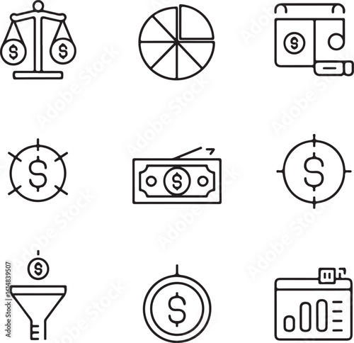Business Finance Line Art Icons   Budget Allocation, Cost Cutting, Revenue Planning, and Money Control Symbols
