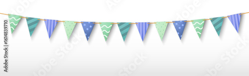 Party bunting garland with triangular flags in green and blue colors - decorative pennant banner with patterns hanging on golden string for birthday celebrations, baby showers or festive events.
