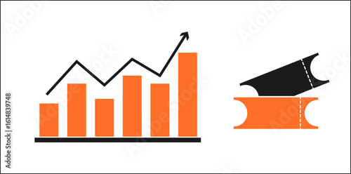 ticket sales, bar chart with rising trend and event ticket icon vector representing entertainment revenue, concert bookings, cinema marketing and audience growth