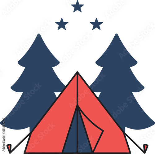Red tent camping adventure with pine trees and stars