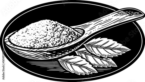 A spoon filled with white powder and three leaves inside an oval frame in black and white style