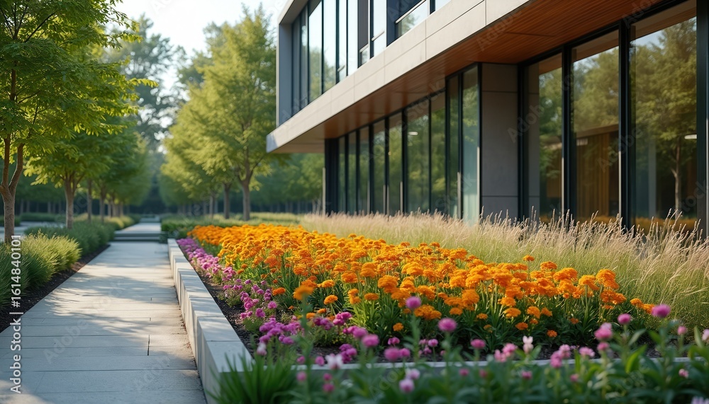 Naklejka premium Modern urban landscape features minimalist park with vibrant flower bed. Contemporary building with glass facade stands beside rich green trees, manicured foliage, creating serene, peaceful city