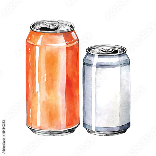Watercolor illustration of two beverage cans one orange one silver with blank label drink can