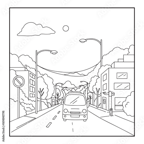 A line drawing of a city street with a vehicle driving towards the viewer