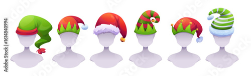 Christmas elf hats collection on mannequin heads - red and green costume accessories with bells, stripes, fur trim for holiday party wear. Santa helper headwear - pointed caps with festive decoration