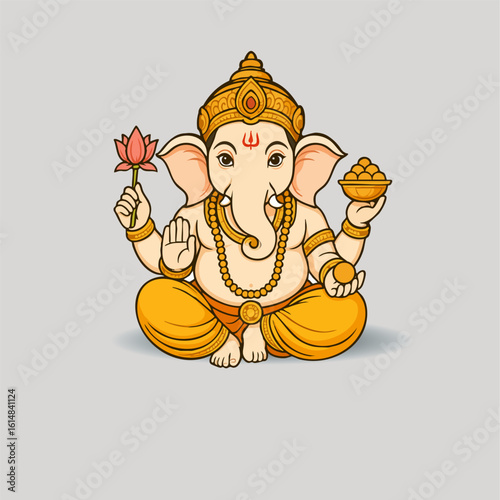 Seated Lord Ganesha with Lotus and Modak in Traditional Pose on Grey Background
