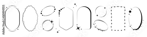 Black line border frames with stars and celestial orbits - minimalist aura designs in oval, rectangular and abstract shapes. Blurred sparkle elements, geometric outlines for mystical graphics.