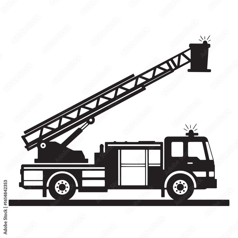 Black and white illustration of a modern aerial ladder fire truck against a white background Black and white illustration of a modern aerial ladder fire truck against a white background