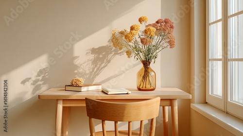 Warm Sunlight on Minimal Wooden Desk with Dried Flowers and Notebook